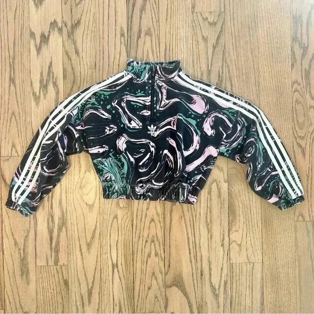 adidas Originals Girls' All Over Printed Half Zip Crop Crew Sweatshirt Sz Small